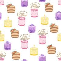 modello senza cuciture di torta carina. illustrazione per stampa, sfondi, copertine, packaging, biglietti di auguri, poster, adesivi, design tessile e stagionale. isolato su sfondo bianco. vettore