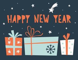 carta di felice anno nuovo con regali di festa e scritte. illustrazione vettoriale e tipografia per il design