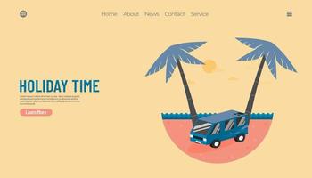 illustrazione grafica vettoriale del concetto di vacanza estiva, furgone con sfondo spiaggia. buono per la pagina di destinazione web