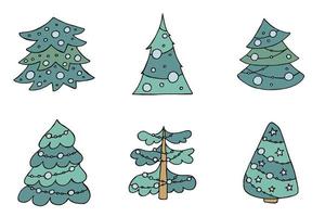 un albero di natale disegnato a mano. illustrazione vettoriale in stile doodle. umore invernale. ciao 2023. buon natale e felice anno nuovo. alberi verdi con giocattoli blu su sfondo bianco.
