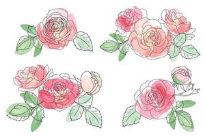 collezione di bouquet di fiori di rosa con linea sciolta dell'acquerello