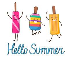 una cartolina con i personaggi di un allegro gelato con la scritta ciao estate. vettore