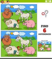 gioco delle differenze con il gruppo di personaggi degli animali della fattoria dei cartoni animati vettore