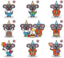 vettore di simpatico koala nella festa di compleanno. set di simpatici personaggi di koala. raccolta di koala divertente isolato su uno sfondo bianco.