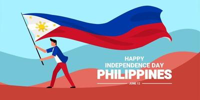 bandiera del giorno dell'indipendenza delle filippine, giovane uomo che sventola bandiera, come simbolo di indipendenza, illustrazione vettoriale. vettore
