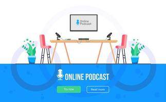 concetto piatto di vettore di podcasting, registrazione digitale su Internet, podcast online, banner illustrato di trasmissione online