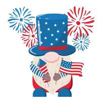 gnomo patriottico del giorno dell'indipendenza americana in cappello a cilindro con cracker e bandiera in mano. illustrazione vettoriale. festa del 4 luglio invito a una festa, design della carta. isolato su sfondo bianco. vettore