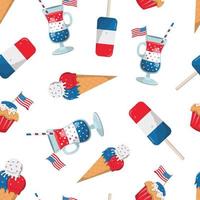 festivo 4 luglio patriottico americano cibo e bevande modello nei colori nazionali. gelato, cupcake, cocktail. isolato su sfondo bianco. design per la decorazione della festa dell'indipendenza. vettore