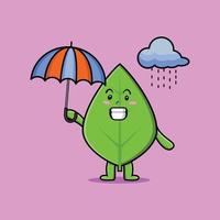 foglia verde simpatico cartone animato sotto la pioggia con ombrello vettore