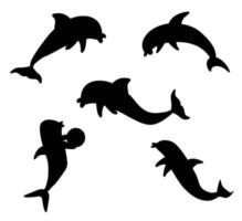 set di delfini sagome carine. simpatico cartone animato blu delfino personaggio gioca, salta attraverso il cerchio e disegna. insieme di vettore di animali marini. illustrazione del cerchio di salto delle prestazioni dello spettacolo dei delfini.