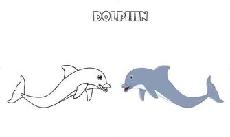 carino delfino animale linea arte colore meno immagine illustrazione vettoriale, pagina di disegno per bambini in età prescolare. vettore