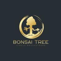 pennellata circolare con logo dell'albero dei bonsai, icone della silhouette della pianta su sfondo bianco. vettore