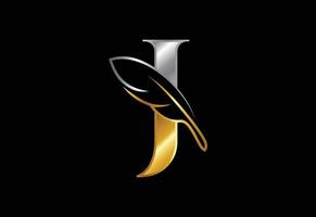 alfabeto j iniziale con una piuma. simbolo del segno dell'icona dello studio legale. logo per uno scrittore o editori vettore
