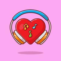 cuore rosso ama la musica con le cuffie, la nota e l'icona di vettore del fumetto di musica di melodia. tecnologia arte icona concetto isolato premium vettore. stile cartone animato piatto