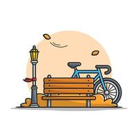 bici nel parco con panca e lampione cartone animato icona vettore illustrazione. concetto di icona sportiva all'aperto isolato vettore premium. stile cartone animato piatto