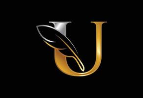 alfabeto u iniziale con una piuma. simbolo del segno dell'icona dello studio legale. logo per uno scrittore o editori vettore