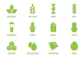 insieme dell'icona verde della siluetta del prodotto alimentare vegano. segno dell'ingrediente di allergia organica. glutine, zucchero, grassi trans, mais, OGM, latticini, nitrati, soia, latte, noci, uova e parabeni. illustrazione vettoriale isolata.