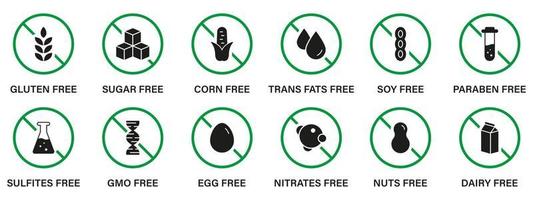 insieme dell'icona nera della siluetta dell'ingrediente dell'allergene libero. simbolo proibito di OGM, grassi trans, zucchero, soia, uova, glutine, mais, latticini, zucchero, latte, parabeni e nitrati. illustrazione vettoriale isolata.