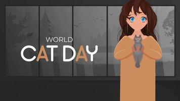 striscione per la giornata mondiale del gatto. la ragazza tiene in braccio un gatto. poster divertente e bello. vettore