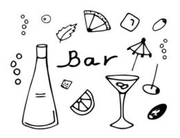 schizzo vettoriale semplice disegnato a mano. insieme di elementi per il design del bar, bottiglia, bicchiere, bevanda, cocktail, ghiaccio con un contorno nero su sfondo bianco.