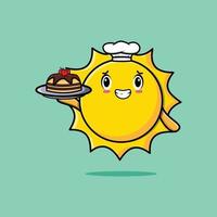 simpatico cartone animato chef sole che serve torta sul vassoio vettore