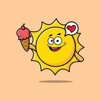 simpatico personaggio del sole dei cartoni animati che tiene il cono gelato vettore