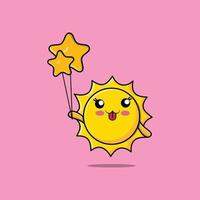 simpatico cartone animato sole galleggiante con palloncino stella vettore