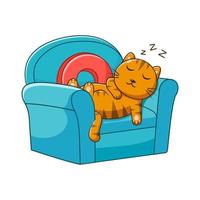 cartone animato gatto che dorme sulla sedia, personaggio dei cartoni animati della mascotte del gatto. icona animale concetto bianco isolato. stile cartone animato piatto adatto per pagina di destinazione web, banner, volantino, adesivo, carta vettore