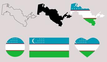 insieme dell'icona della bandiera della mappa della repubblica dell'uzbekistan vettore