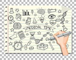 doodle disegnato a mano di icone mediche vettore