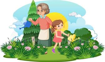 nonna e sua nipote che fanno giardinaggio vettore