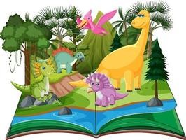 libro aperto con dinosauro nella scena della foresta preistorica vettore