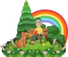 anziana seduta su una panchina con un cane vettore