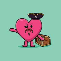 simpatico cartone animato bel cuore pirata con scatola del tesoro vettore