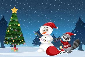 tema natalizio con pupazzo di neve e albero di Natale vettore