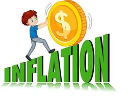un ragazzo che spinge la moneta e cammina sul logo dell'inflazione vettore