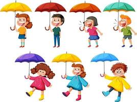 set di bambini diversi che tengono l'ombrello vettore