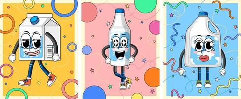 diversi personaggi divertenti di pacchetti di latte vettore