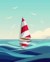 vista sul mare con uno yacht, uno yacht con una vela rossa e bianca e gabbiani sullo sfondo del mare con le nuvole. clip art, stampa, arte della parete vettore