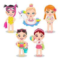 gruppo di ragazze che giocano in spiaggia durante le vacanze estive nel vettore di sfondo bianco
