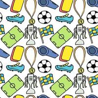 modello di calcio senza soluzione di continuità. doodle illustrazione di calcio con un pallone da calcio, coppa del campionato, scarpe, campo da calcio vettore