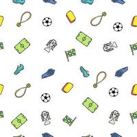 modello di calcio senza soluzione di continuità. doodle illustrazione di calcio con un pallone da calcio, coppa del campionato, scarpe, campo da calcio vettore