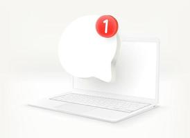 laptop moderno bianco con nuova icona del messaggio. illustrazione vettoriale 3d