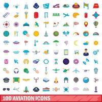 100 icone dell'aviazione impostate, stile cartone animato vettore