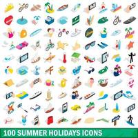100 set di icone per le vacanze estive, stile 3d isometrico vettore