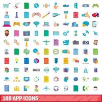 100 icone di app impostate, stile cartone animato vettore