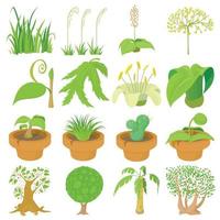 simboli verdi della natura set di icone, stile cartone animato vettore