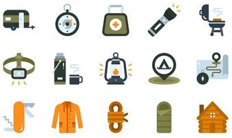set di icone vettoriali relative al campeggio. contiene icone come roulotte, bussola, torcia, lampada frontale, bevanda calda, lanterna e altro ancora.
