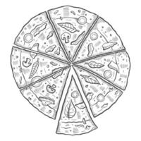 pizza italia o cucina italiana cibo tradizionale isolato doodle schizzo disegnato a mano con stile contorno vettore