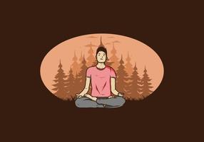illustrazione di qualcuno che fa yoga e medita all'aperto in una foresta nella natura tra i pini vettore